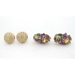 Two pairs of 9ct gold earrings, one pair set with various stones including amethyst, peridot,