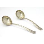 Two silver Hanoverian silver sauce ladles with rats tail to bowls. Hallmarked Sheffield 1964/64
