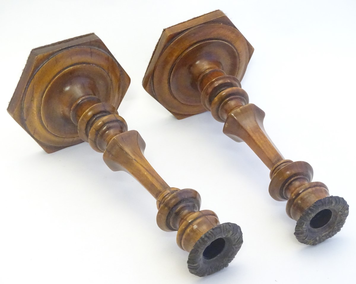 Treen: A pair of 19thC turned and carved wooden candlesticks with hexagonal bases. Approx. 10 3/4" - Image 5 of 8