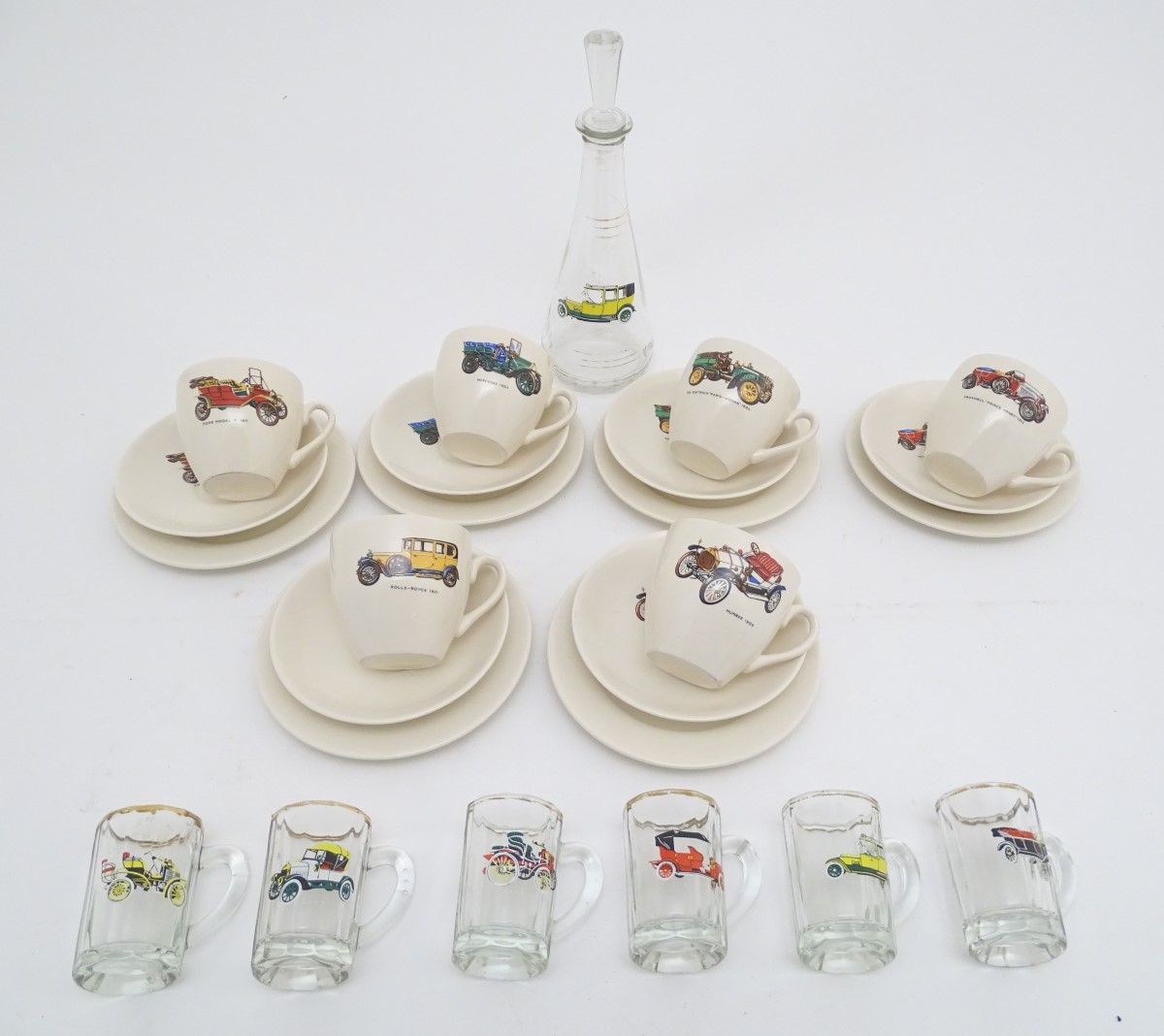 A mid-20thC ceramic part tea set, decorated with vintage automotive images, comprising 6 teacups, - Image 6 of 7