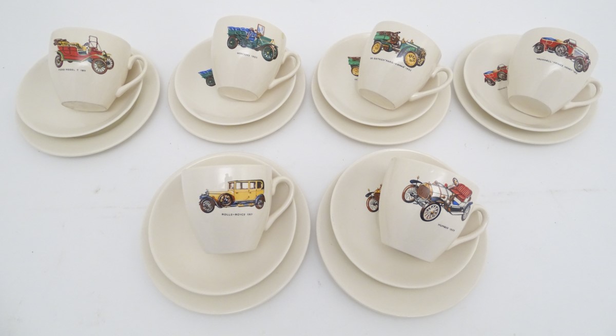 A mid-20thC ceramic part tea set, decorated with vintage automotive images, comprising 6 teacups, - Image 7 of 7