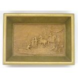 A carved / moulded composite relief scene depicting figures in a landscape with horses, dogs etc.