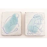 A pair of 20thC modernist Continental tiles each depicting an abstract seated nude, decorated in the