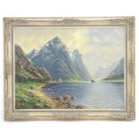 E. Kunzel, XX, German School, Oil on canvas, A mountainous lake view with a house and boats.