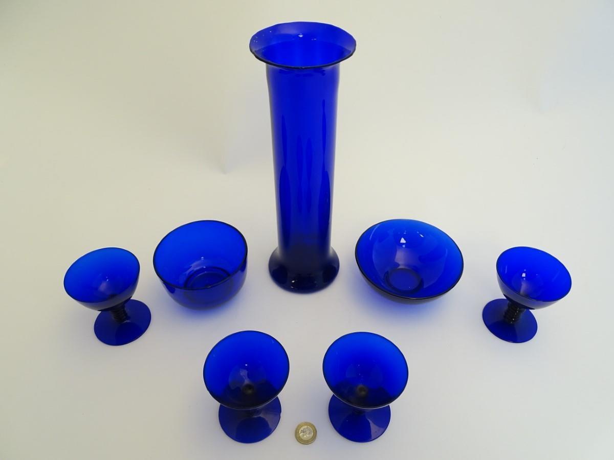 7 assorted items of blue glass comprising drinking glasses, dish, vase etc. The tallest 12 3/4'' - Image 3 of 7