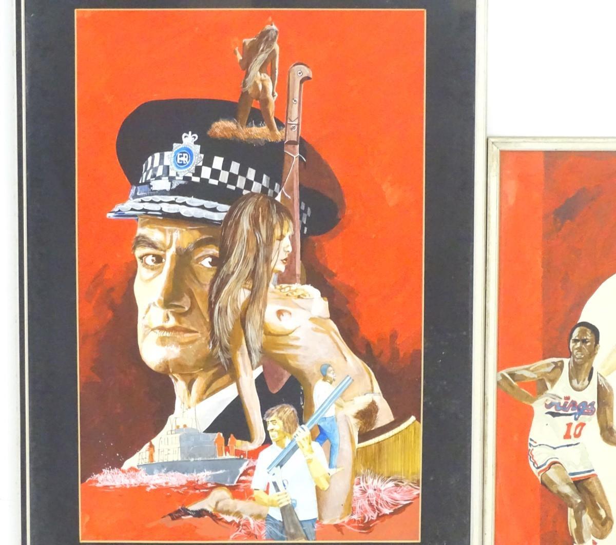 English School, XX, Oil on board x3, A film style poster with a man in police uniform, two nudes, - Image 8 of 11