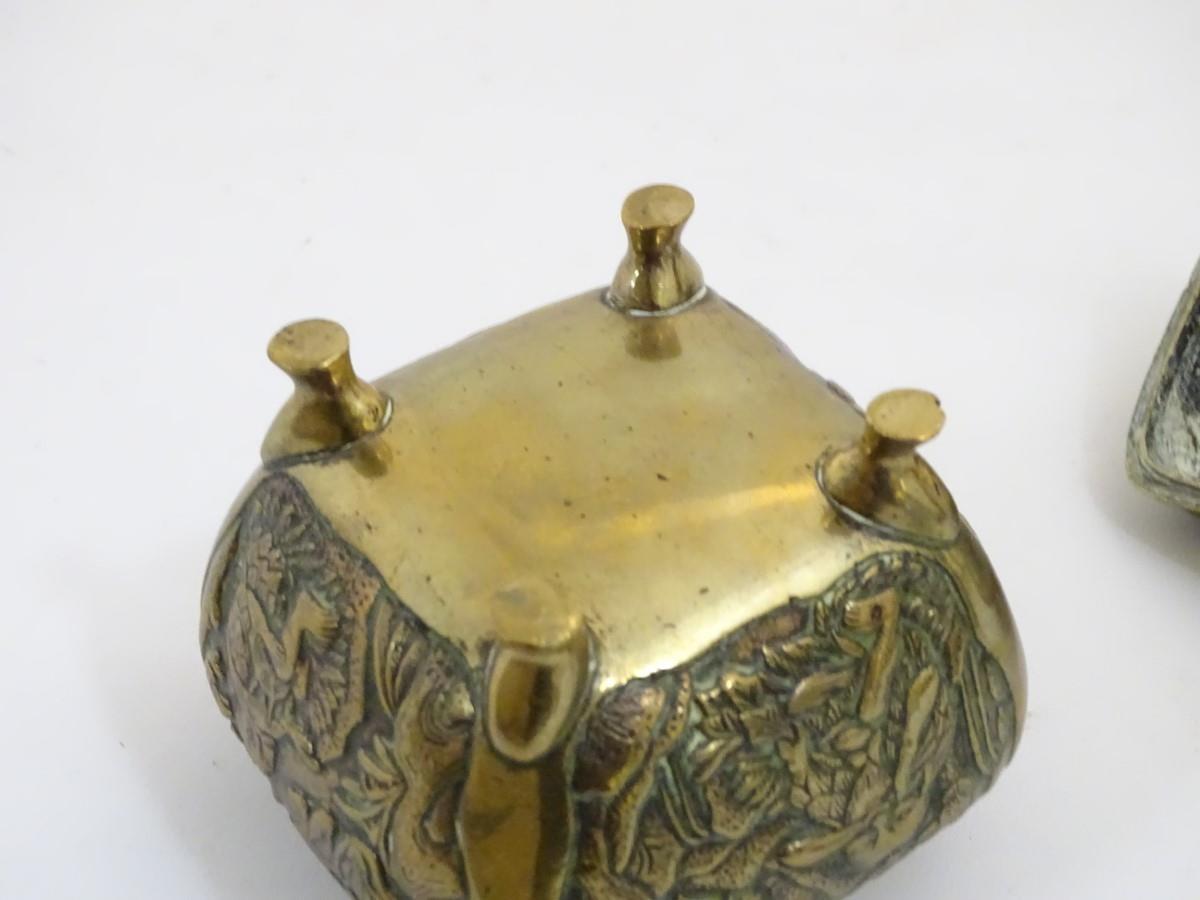 A Chinese lidded cast brass censor of squat form with panelled foliate decoration to sides, raised - Image 2 of 6