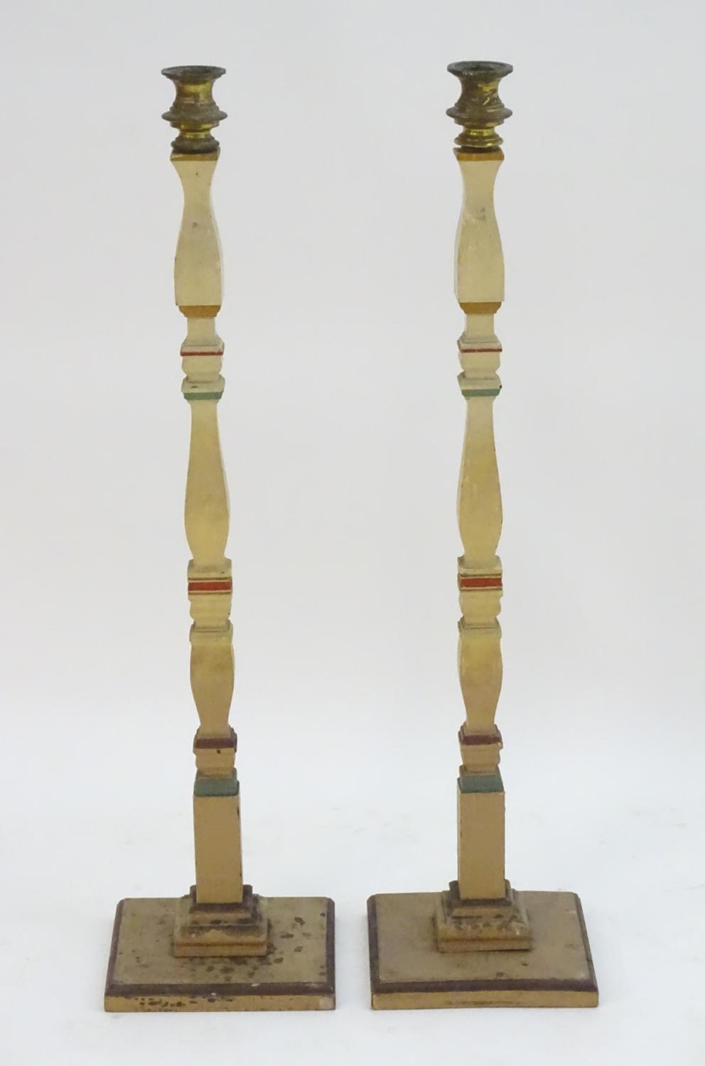 A pair of 20thC tall squared based candlesticks of carved wooden form with painted decoration and - Image 12 of 16