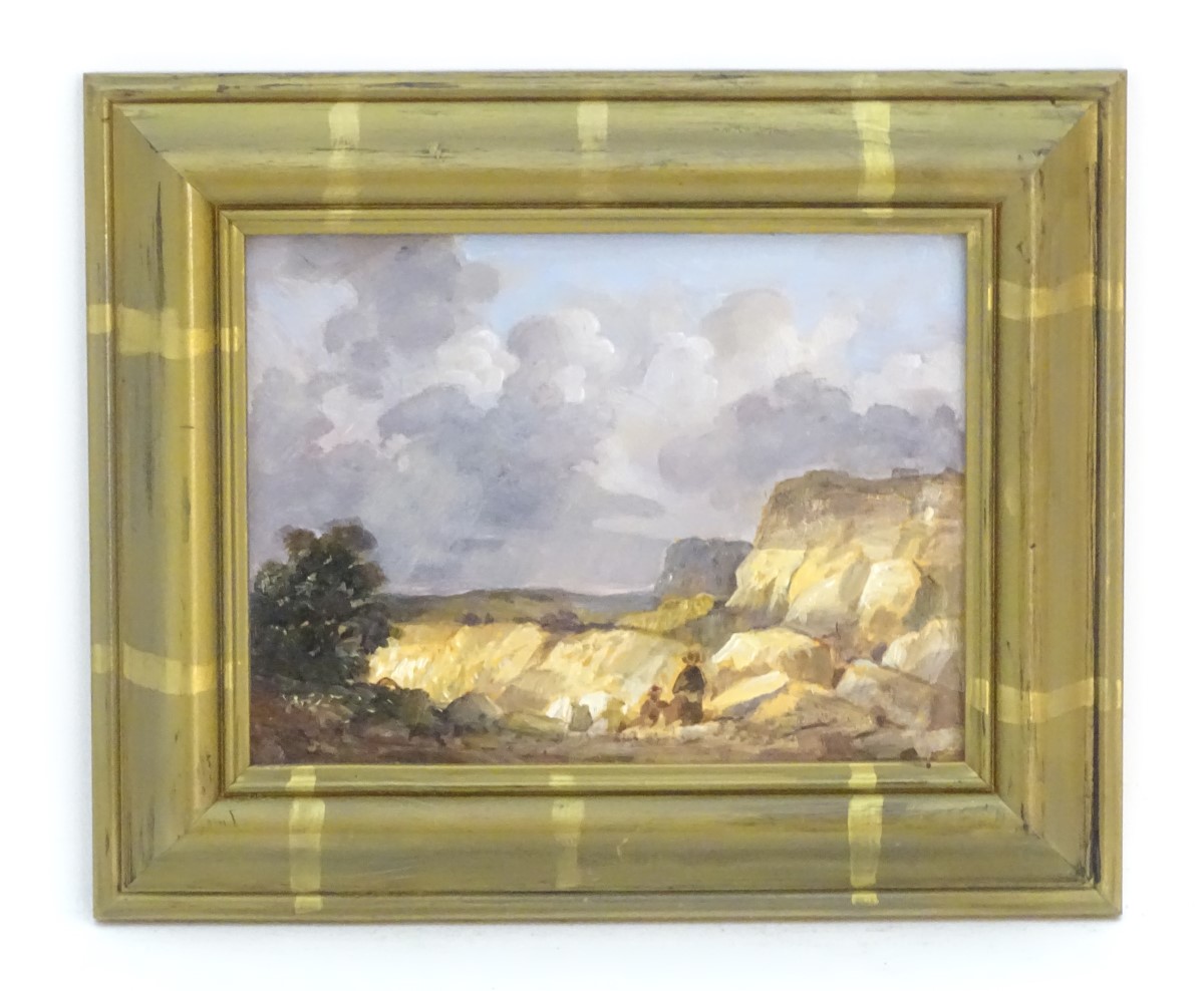 Manner of JMW Turner (1775?1851), Oil on board, Figures overlooking a quarry landscape. Approx. 5