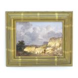 Manner of JMW Turner (1775?1851), Oil on board, Figures overlooking a quarry landscape. Approx. 5