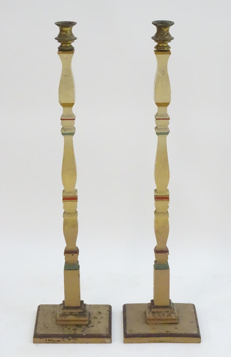 A pair of 20thC tall squared based candlesticks of carved wooden form with painted decoration and - Image 13 of 16