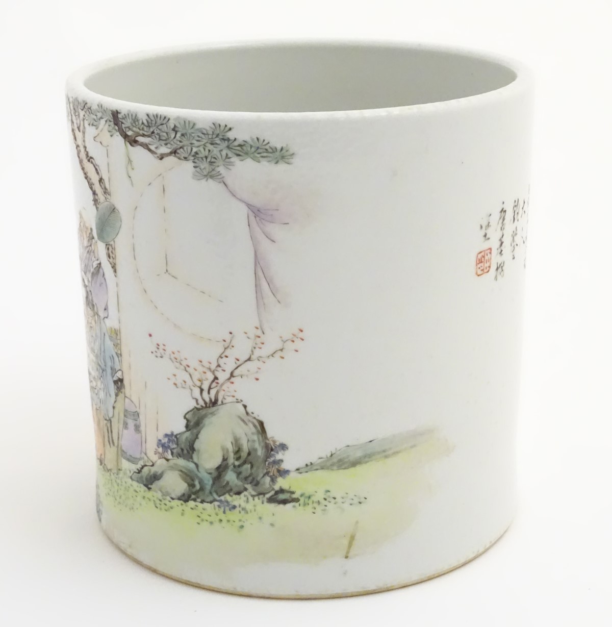 A large Chinese famille rose pot/planter, depicting five elders in a landscape with a scroll with - Image 6 of 8