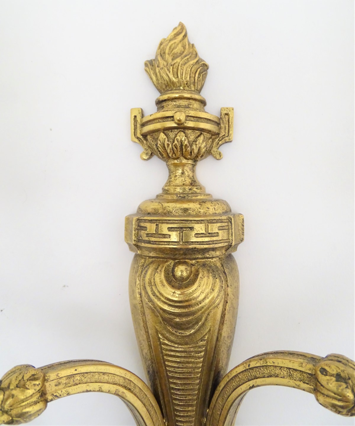 A pair of gilt metal twin branch wall sconces with flaming urn decoration. Together with four - Image 5 of 6