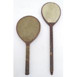 Toys: Two 19thC vellum and leather covered whiff -whaff / ping pong / table tennis bats. One