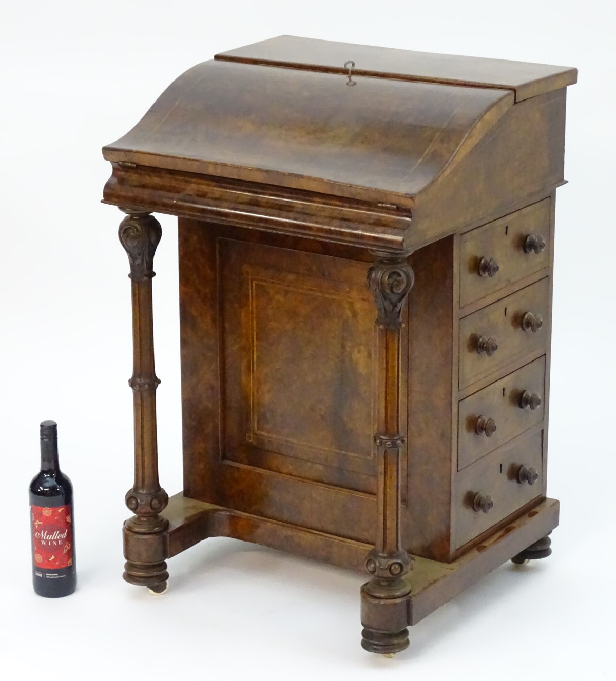 A mid 19thC burr walnut davenport with cross banding and decorative stringing, the top opening to - Image 6 of 11