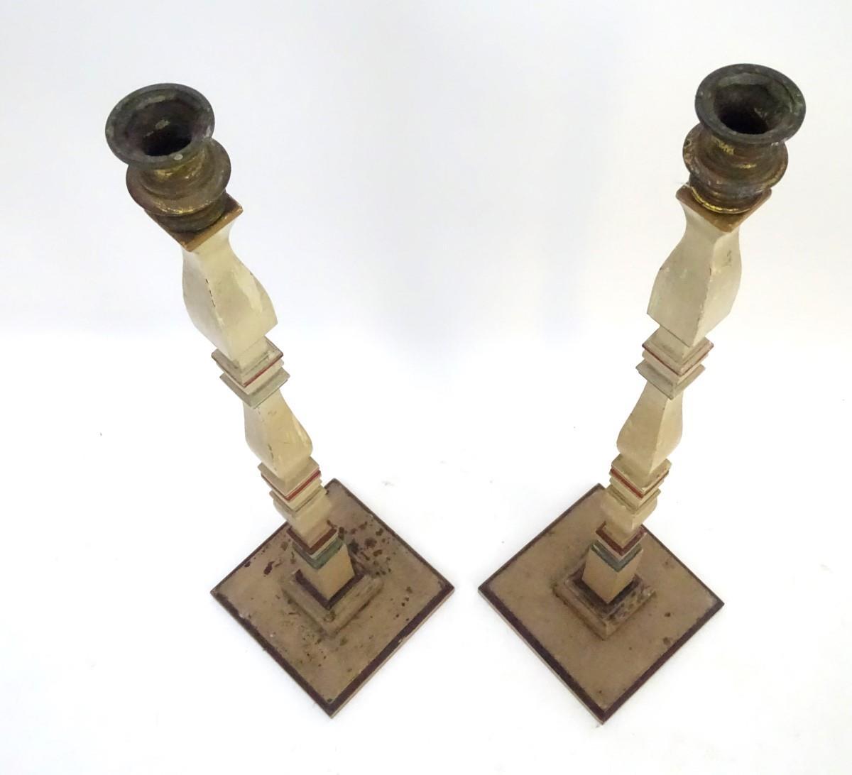 A pair of 20thC tall squared based candlesticks of carved wooden form with painted decoration and - Image 3 of 16