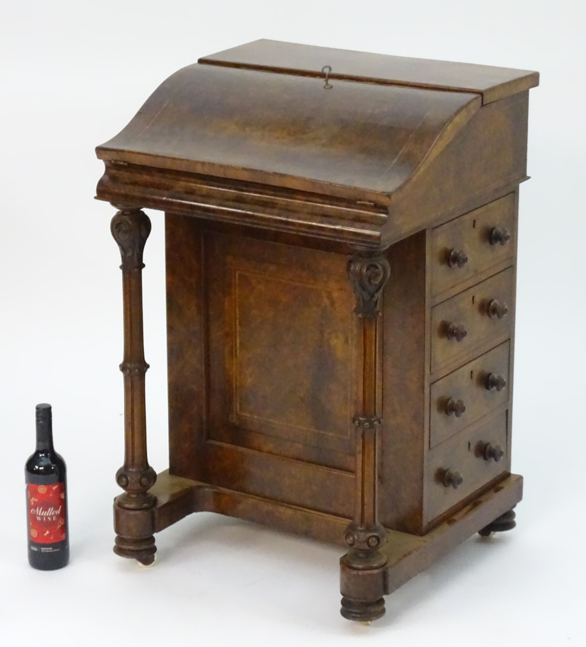 A mid 19thC burr walnut davenport with cross banding and decorative stringing, the top opening to - Image 7 of 11