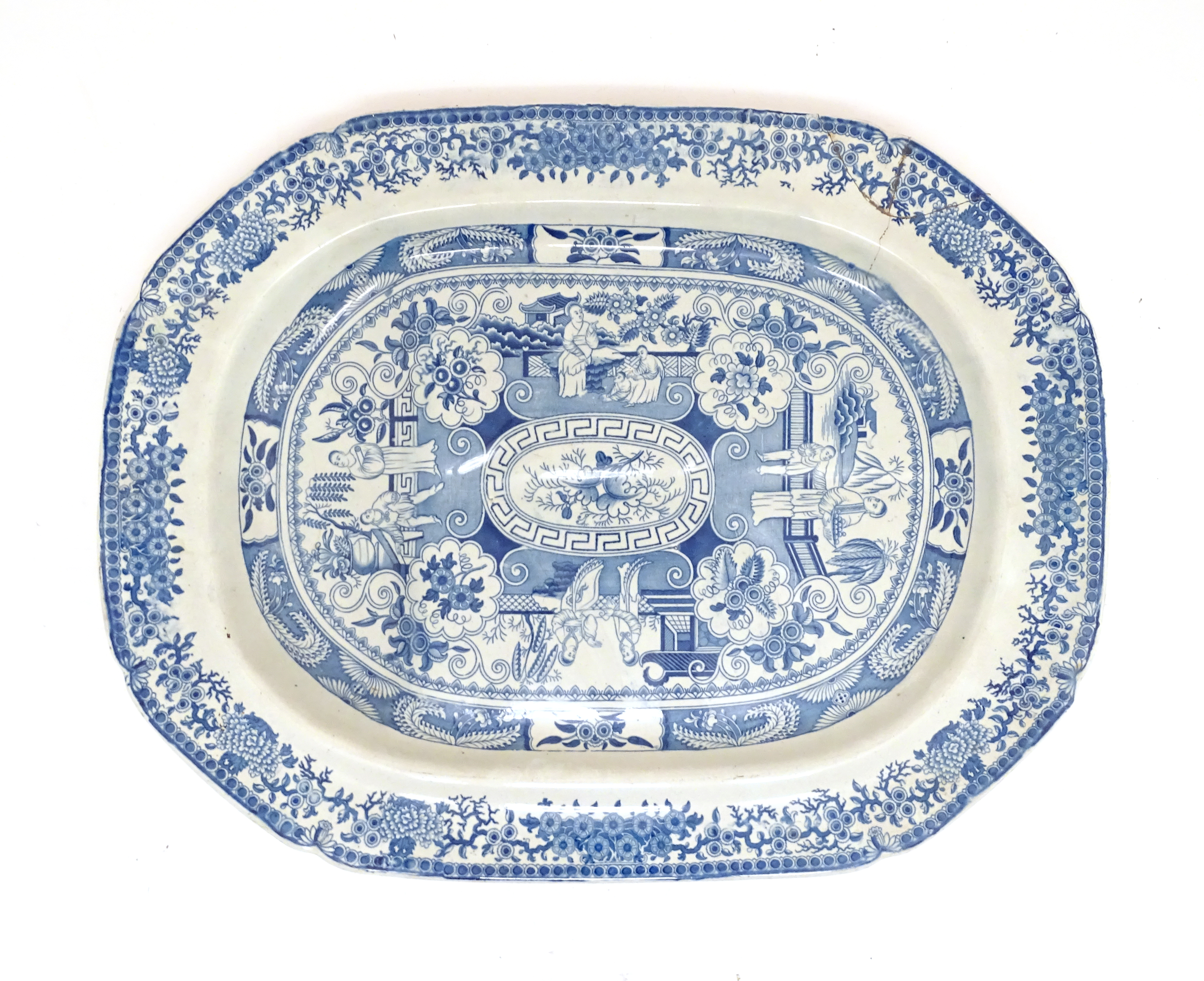 A 19thC blue and white tree and well meat plate, with panelled decoration depicting figures on - Bild 6 aus 6