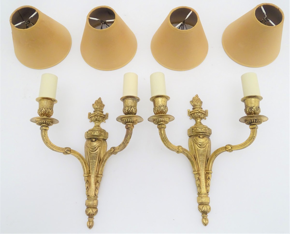 A pair of gilt metal twin branch wall sconces with flaming urn decoration. Together with four - Image 4 of 6