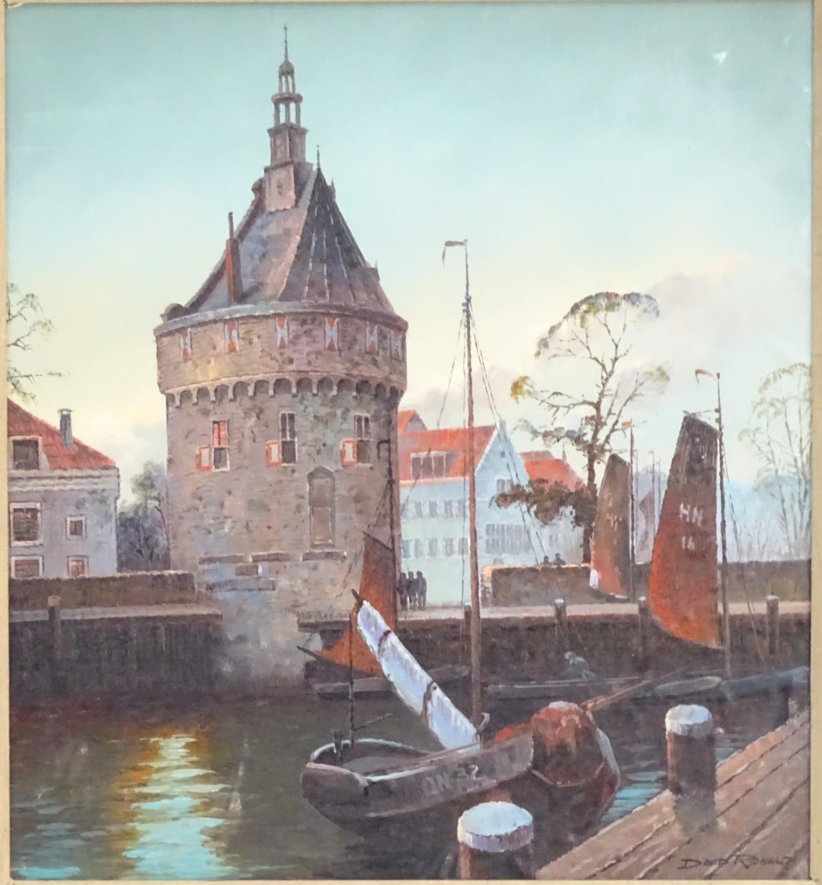 David Ronald, XX, Dutch School, Oil on canvas laid on board, Dutch canal with tower and fishing - Image 8 of 11
