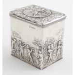 A silver caddy / hinged lidded box decorated with figures, centaur, putti in a landscape of