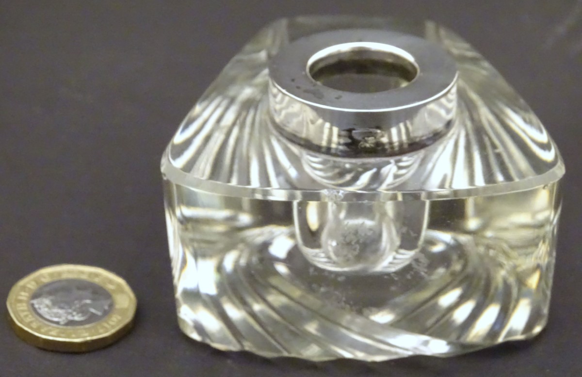 An early-20thC lead glass inkwell, the base with mitre cut decoration, silver rim hallmarked 1903 - Image 7 of 7