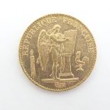 A French Republic 20 franc gold coin, 1896, approximately 6.5g Please Note - we do not make