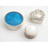 Three various pill boxes including 2 silver examples, one of heart form , the other with turquoise
