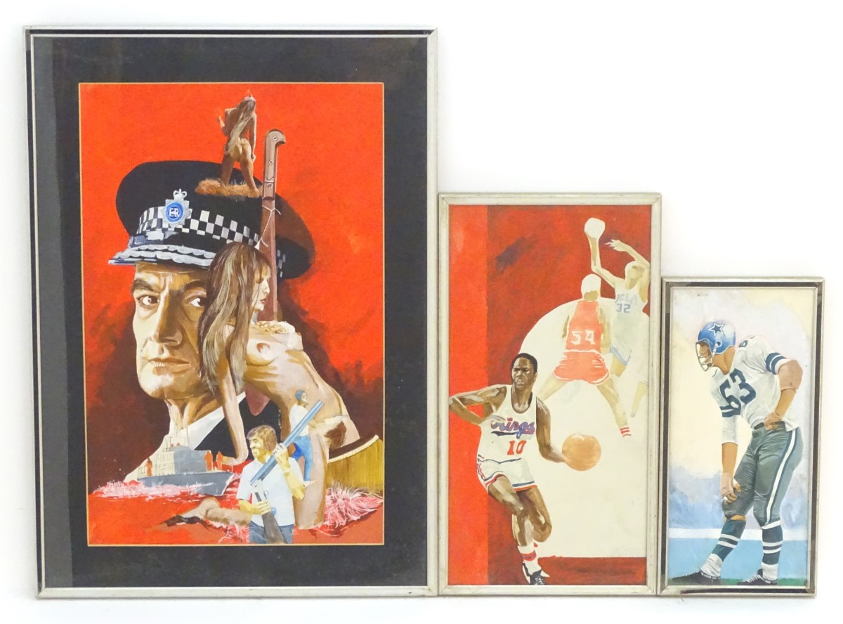 English School, XX, Oil on board x3, A film style poster with a man in police uniform, two nudes, - Image 5 of 11
