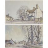 David Green, XX, English School, Watercolour, x2, The Mermaid, Ellington, A street scene with a