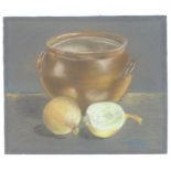 A. Wilson, XX, Pastel on paper, A still life study of a ceramic crock and onions on a table.