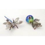 A silver brooch formed as a novelty / cartoon bird with guilloche enamel decoration red stone and