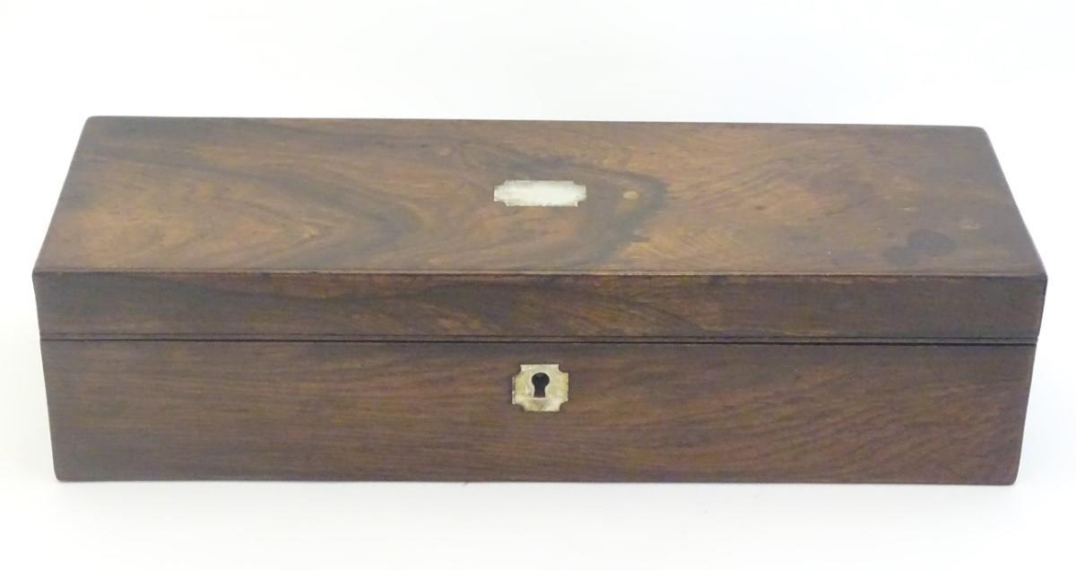 A 19thC mahogany glove box of rectangular form with inlaid mother of pearl detail. Approx. 3" x 11 - Image 4 of 11