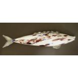 A Murano glass model of a fish, decorated in white with red and blue flecks. 18 1/4" long Please
