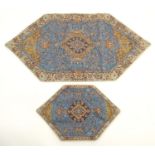 Two early 20thC woven panels / table runners, with central a lozenge shaped design surrounded by