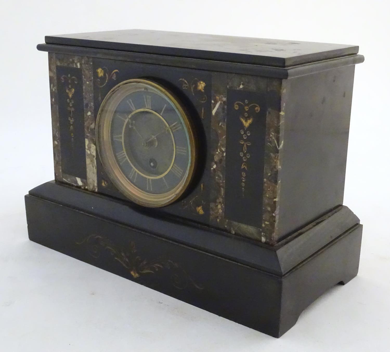 A 19thC slate and marble cased mantel clock, the cylinder movement by Thieble, with gilt - Image 9 of 26