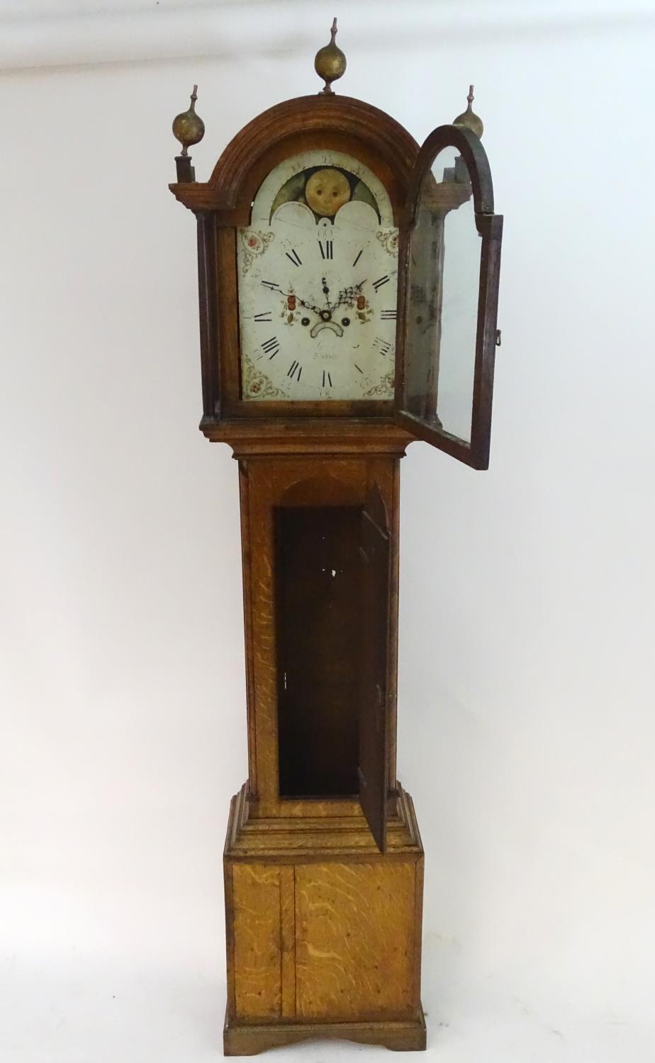 A late 18thC 8 day longcase clock with painted arched enamel dial having rolling moon, the dial - Image 9 of 34