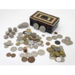 A Chad Valley tin money box, containing a collection of mid-to-late 20thC British, Irish, American