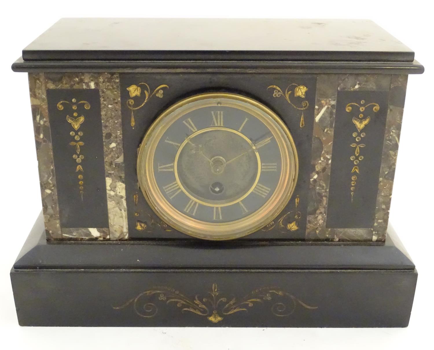 A 19thC slate and marble cased mantel clock, the cylinder movement by Thieble, with gilt - Image 7 of 26