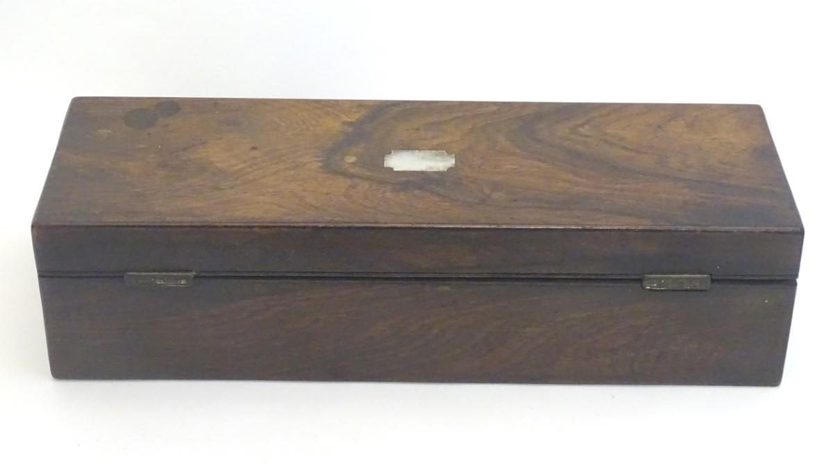 A 19thC mahogany glove box of rectangular form with inlaid mother of pearl detail. Approx. 3" x 11 - Image 8 of 11