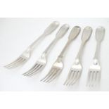 A set of five Victorian Fiddle and Thread pattern dessert forks with engraved armorial to handle,