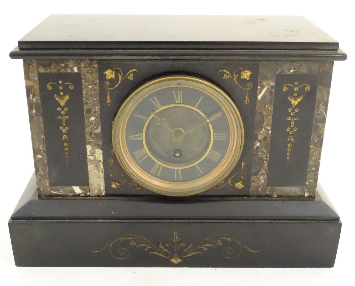 A 19thC slate and marble cased mantel clock, the cylinder movement by Thieble, with gilt - Image 5 of 26