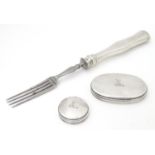 A fork with Austrian white metal handle together with 2 Victorian silver dressing table bottle lids.