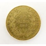 A French Republic 20 franc gold coin, 1854, approx. 6.45g Please Note - we do not make reference