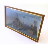 A scratch built and hand painted Diorama, depicting a coastal scene with tall ship, lighthouse,
