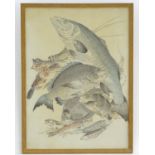 A 19thC Oriental hand coloured print depicting fish with stylised seaweed. Approx. 16 1/2" x 12"