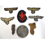 Militaria: an assortment of WWII / WW2 / Second World War memorabilia, comprising five uniform cloth
