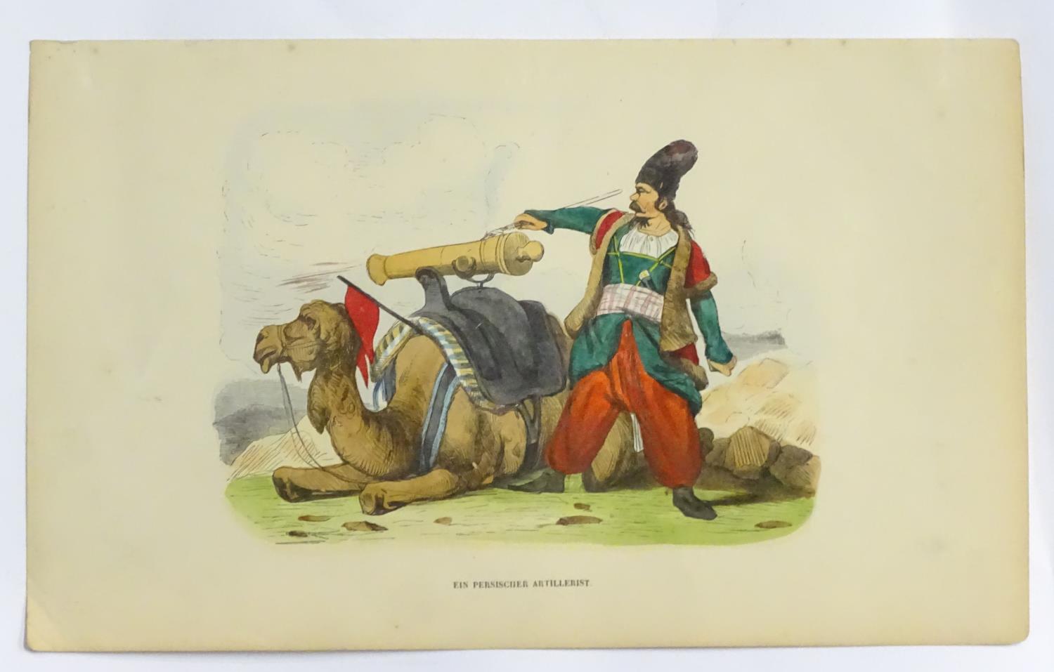 A 19thC hand coloured print entitled Ein Persischer Artillerist (A Persian Artillery Man), depicting