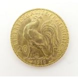 A French Republic 20 franc gold coin, 1910, approx. 6.45g Please Note - we do not make reference