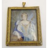 J Penguert, Miniature on ivory, Continental noble lady wearing baroque pearls,